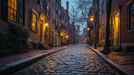  a cobblestone street at night with street lamps on either side of the street and buildings on the other side of the street with windows on either side of the street. - obrazy, fototapety, plakaty