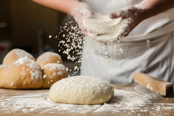 Flour dusting on dough for artisanal bread
