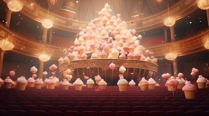 Floating, talking cupcakes hosting a sweet symphony in a sugary-sweet concert hall