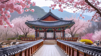 Cherry blossom festival in Korea, Japan, trees, park, spring, nature, pink flowers, street, road, oriental culture, architecture, national holiday, sakura, symbol, postcard, space for text - obrazy, fototapety, plakaty