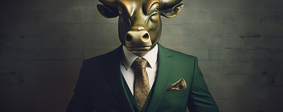 Bussiness man like Bull dressed in an elegant green suit. Market finance concept.