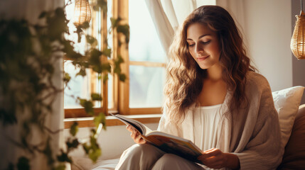 young white woman reading a book in the living room next to a window