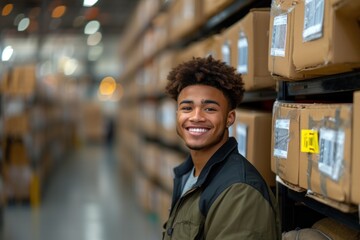 Smiling black worker with box in warehouse looking at the camera 