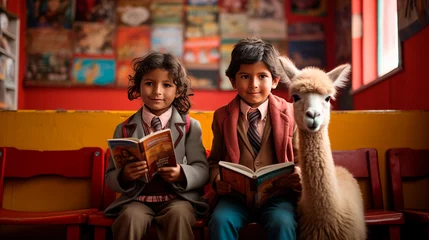 Poster children reading books in a rural school next to a llama © Franco