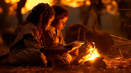 African children reading a book next to a campfire - obrazy, fototapety, plakaty