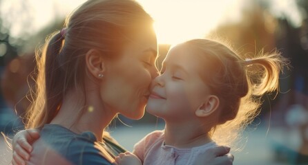 Mother and daughter bonding. Loving family connection, parent-child closeness. Cute little preschooler daughter hug cuddle with smiling young mother kiss. - obrazy, fototapety, plakaty