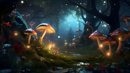 Frolicking fireflies illuminating a secret garden filled with enchanted mushrooms and pixie dust