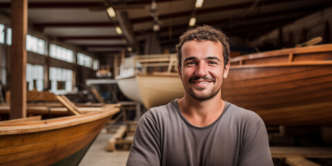 Bootsbauer am Arbeitsplatz schaut in die Kamera, im Hintergrund Boote - obrazy, fototapety, plakaty