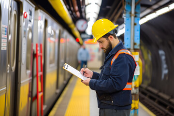 Transit System Inspection: Engineer Monitoring Subway Safety - obrazy, fototapety, plakaty