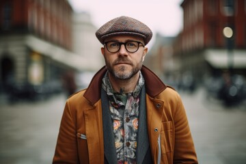 Portrait of a bearded man with glasses and a beret in the city.