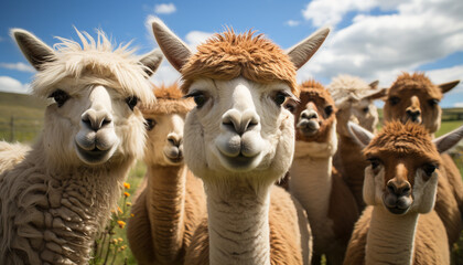 Obraz premium Cute alpaca herd grazing in green meadow, looking at camera generated by AI