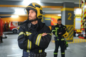 Portrait of two young firemen in uniform standing inside the fire station