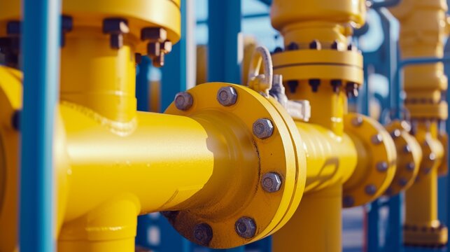 Industrial yellow pipelines and valves on blue sky background.