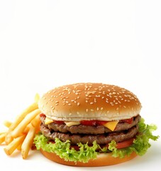 double burger and French fries on a white background. a place for text, advertising. the concept of fast food food.