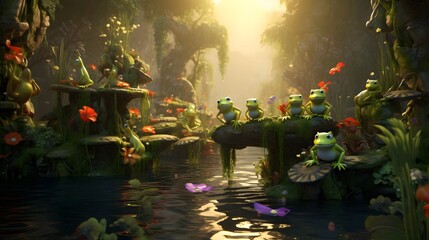 Obraz na płótnie Canvas Joyful frogs playing leapfrog over giant, bouncy marshmallows in a fantastical swamp