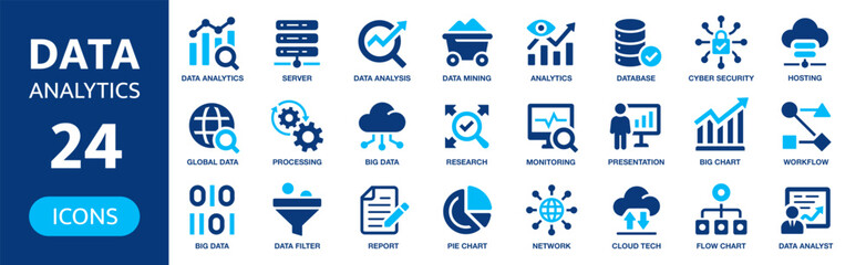 Data analytics icons. 24 simple icons contain symbols data analysis, analytic, database, statistics, monitoring, network.