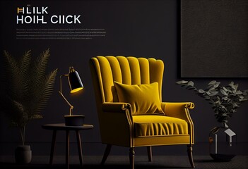 Dark wall mock up with yellow armchair on black wall background. Generative AI