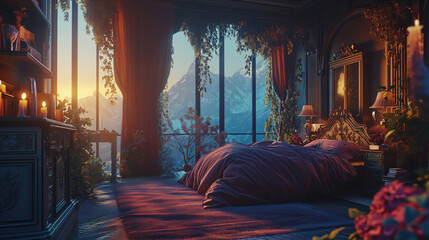 In a fairytale bedroom, a cozy bed with fluffy sheets is complemented by ornate furnishings. Wall-to-ceiling windows offer a view of snow-covered mountains bathed in golden hour light.