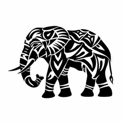 Elephant Tribal Vector Monochrome Silhouette Illustration Isolated on White Background - Tattoo - Clipart - Logo - Graphic Design Element