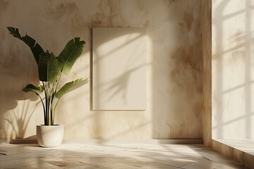 Blank poster mockup on a textured wall, bathed in soft shadows and light in a serene indoor environment
