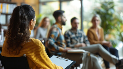 An inclusive team meeting where a sign language interpreter is facilitating communication for a hearing-impaired colleague, blurred background, with copy space