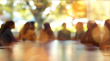 A roundtable discussion with employees of various ethnicities, genders, and ages, highlighting open dialogue and inclusion, blurred background, with copy space