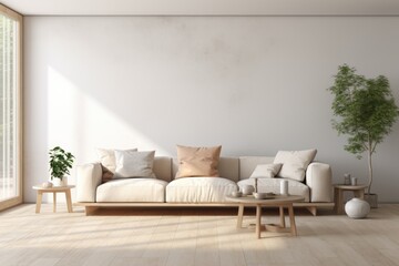 Modern Minimal clean clear contemporary living room, Modern Minimal clean clear contemporary living room home interior design daylight background beige white sofa couch in living room, Ai generated
