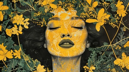  a painting of a woman's face with yellow flowers around her and her eyes closed, with her eyes closed, with her eyes closed and her eyes closed.