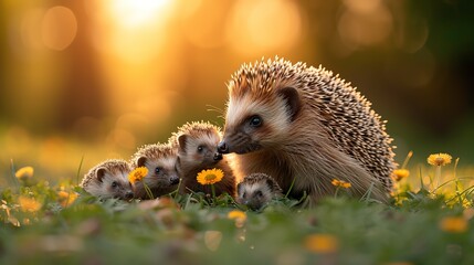 Mother hedgehog and little hedgehogs 