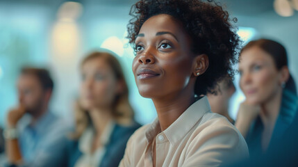 A corporate training session on diversity, with an expert addressing a room full of attentive employees, blurred background, with copy space