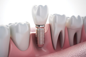 Fototapeta na wymiar Anatomy of healthy teeth and tooth dental implant in human jaw. Marketing for Dentists