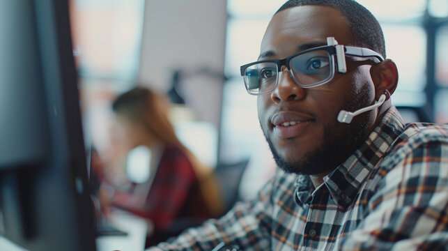 A visually impaired employee working with assistive technology, surrounded by supportive colleagues, highlighting inclusivity in tech, blurred background, with copy space