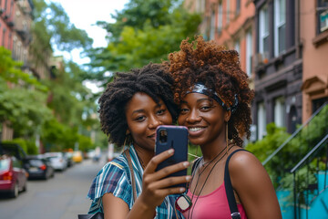 Urban Bonding: Two Afro-American Friends Selfie in Brooklyn, NY - obrazy, fototapety, plakaty