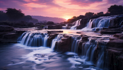 Majestic sunset over tropical rainforest, tranquil waterfall flows in motion generated by AI