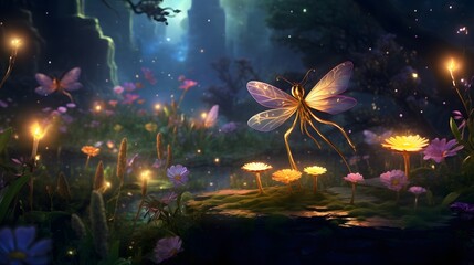 Playful fairies riding dragonflies through a meadow filled with glowing fireflies