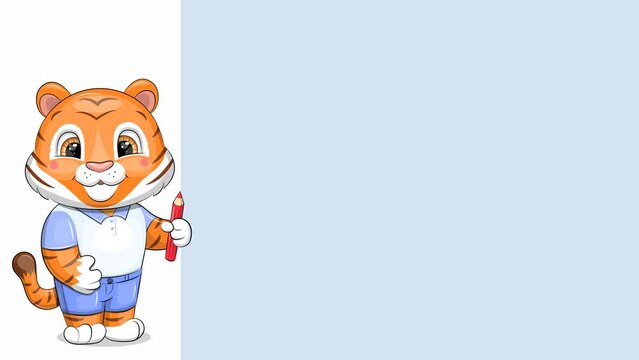 Cute cartoon tiger showing something. Place your text. Young tiger smiling and indicates on his left with res pencil.