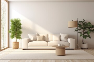 Modern Minimal clean clear contemporary living room, Modern Minimal clean clear contemporary living room home interior design daylight background beige white sofa couch in living room, Ai generated