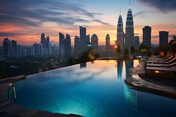 Obraz premium Blue tone panorama of waterfront malaysia kuala lumpur city skyline and buildings landscape