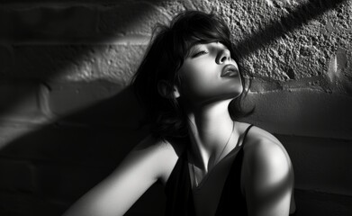 Black and white noir beauty, female in dramatic light. Monochromatic post-modern young woman...