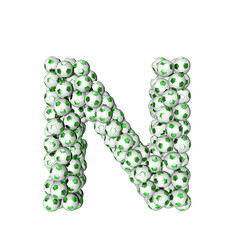 3d symbol made from green soccer balls. letter n