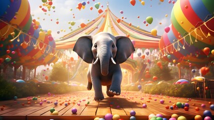 Polka-dotted elephants juggling rainbow-colored balloons in a whimsical circus tent - obrazy, fototapety, plakaty