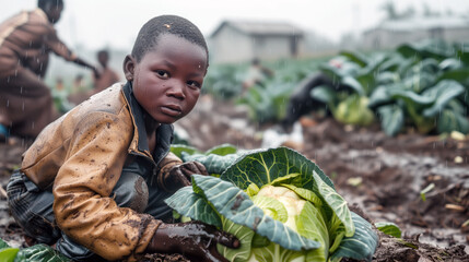 A child busy harvesting cabbages in a dirty field in the rain. Illegal forced child labor. The concept of illegal human trafficking
