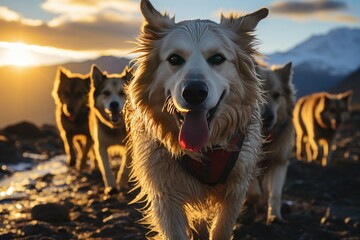 Spanish expedition pulled by dogs in glacier., generative IA