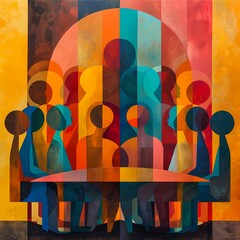 Abstract Artwork of Colorful Human Figures in Discussion