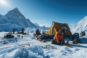 Research station in the glacier, scientists study climate change., generative IA