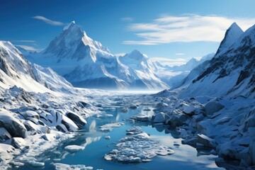 Fototapeta na wymiar Glacier snowed under light blue sky., generative IA