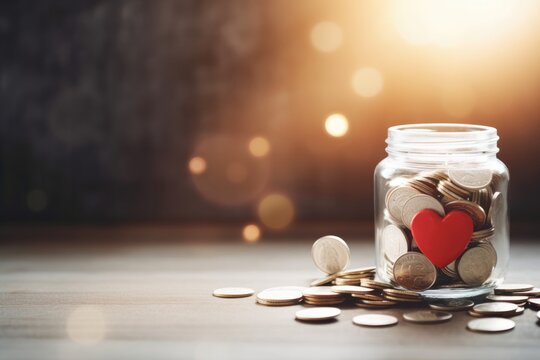 A jar of coins. Global day of charitable action, giving, donations. Give help, donations support day with coins jar, red heart, copy space