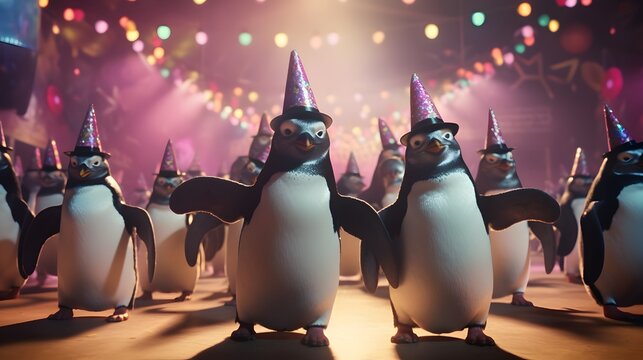 Roller-skating penguins wearing bow ties and top hats in an ice cream cone disco rink