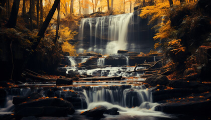 Smooth flowing water reflects vibrant autumn colors in tranquil forest generated by AI