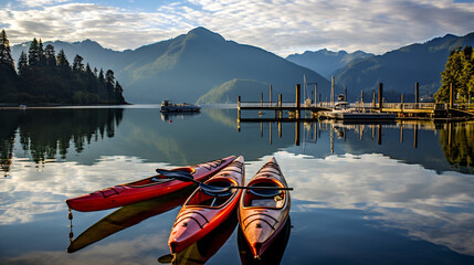  Kayaks on dock with mountains reflecting on calm